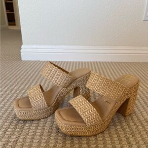Woven Tan Platform Slide Heels